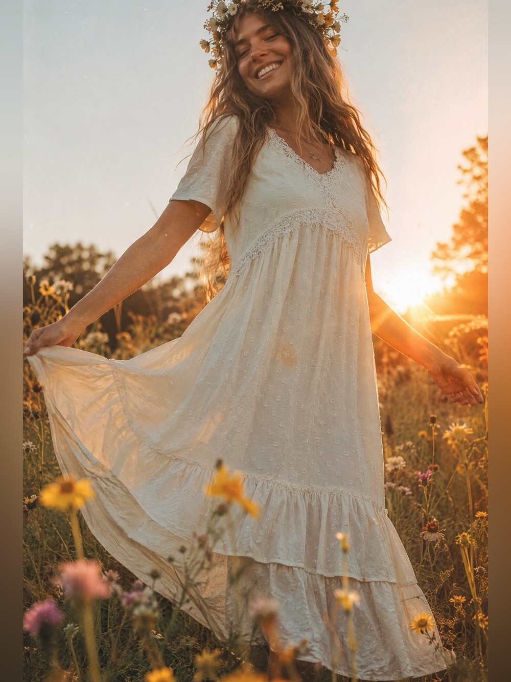 Cream Lace Boho Dress -